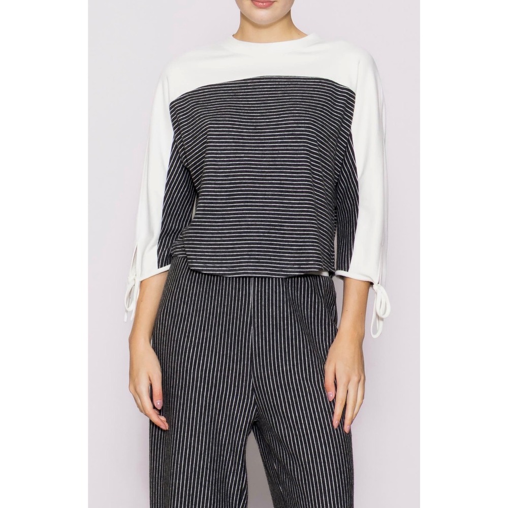 Melloday Nordstrom Striped Colorblock Tie-Sleeve Top Size Medium Ivory Grey